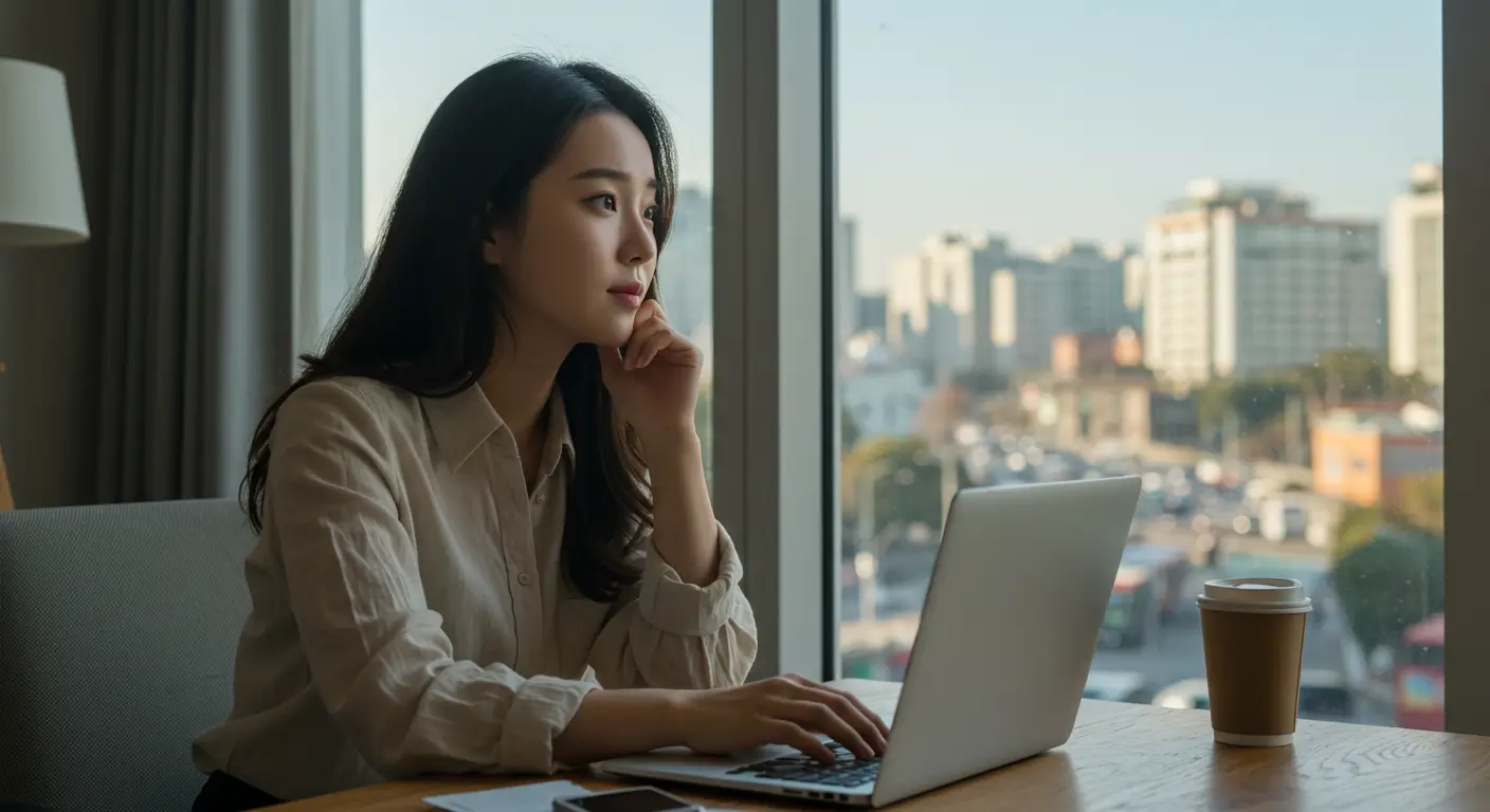 서울의 홈오피스에서 일하며, 창밖을 보며 중고차 대출 서류를 고민하는 한국인 프리랜서 여성