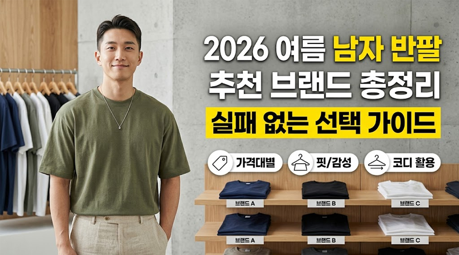2026년 여름 남자 반팔 티셔츠 추천 브랜드 블로그 썸네일 이미지로, 올리브 그린 반팔티를 입은 남성 모델과 브랜드 티셔츠가 진열된 깔끔한 매장 배경에 제목과 안내 아이콘이 포함되어 있습니다.