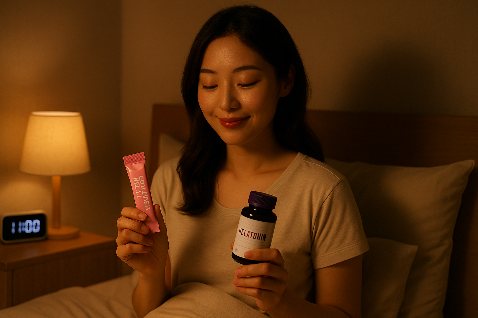 침대에 눕기 전 손에 든 콜라겐 젤리와 멜라토닌 영양제