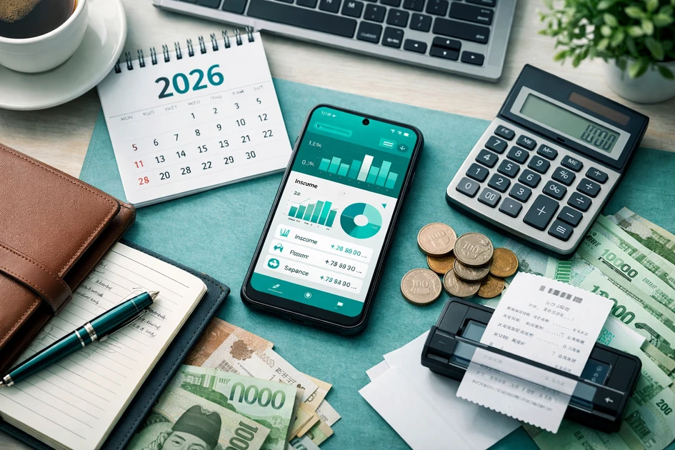 2026년 달력이 놓인 책상 위에서 개인사업자가 스마트폰 매출&middot;지출 장부 앱 대시보드를 확인하고, 계산기&middot;동전&middot;지폐&middot;영수증 스캐너로 증빙을 정리하는 모습