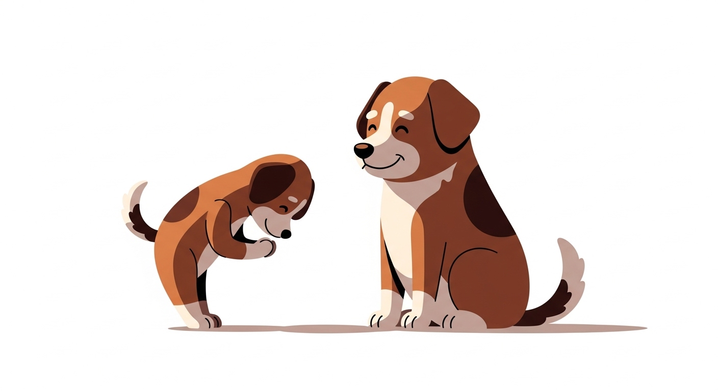 어르신에게 공손하게 인사를 하며 겸손과 예의를 갖추는 개 캐릭터 일러스트