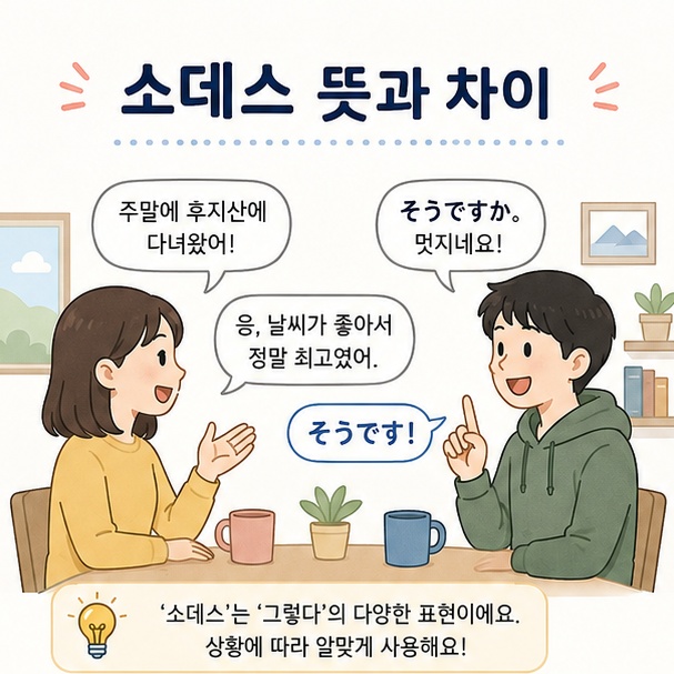 두 사람이 일본어로 대화하는 모습을 배치하고 &lsquo;소데스 뜻과 차이&rsquo;라는 제목을 표시한 일본어 학습 이미지