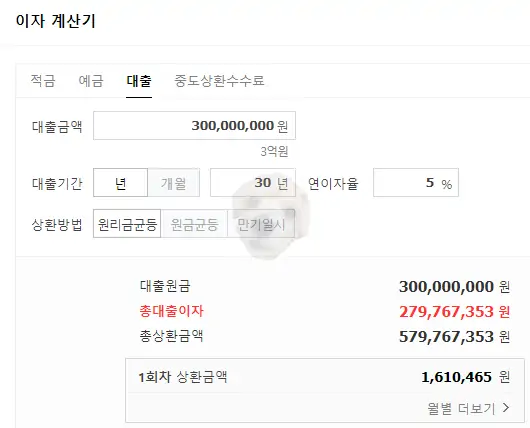 금리 5% 30년 이자계산 사진