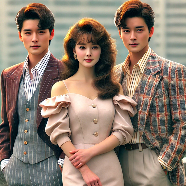 한국 드라마. 1980년대 인기 드라마 남녀 주인공들이 서있다.
