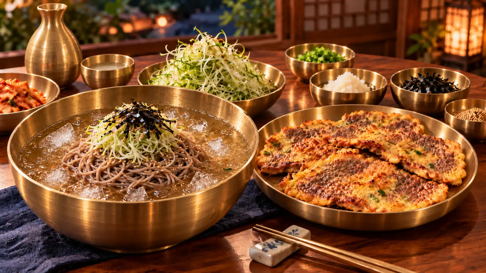 차가운 메밀국수와 따스한 육전, 고명 놋종지가 정갈하게 차려진 여름밤 놋담 유기 상차림