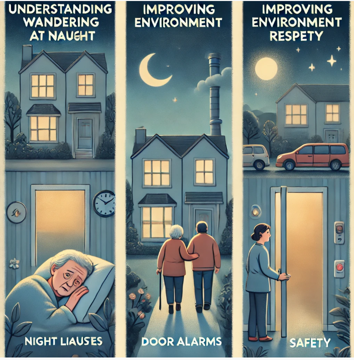 치매 환자의 야간 배회 관리 
원인 이해(왼쪽)-밤에 깨어 불안해하거나 혼란스러워하는 환자 곁에 보호자가 차분하게 다가가 위로하는 장면
환경 개선(가운데)-복도에는 야간 조명이 켜져 있고, 출입문에는 문 알람이나 잠금 장치가 설치되어 있는 장면
행동 대처법(오른쪽)-보호자가 환자와 함께 천천히 걸으며 주의를 다른 쪽으로 전환하거나, 침대로 부드럽게 안내하는 모습