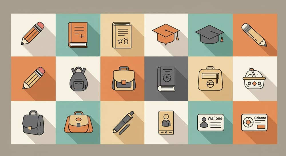 그리드 레이아웃에 초·중·고 배지(연필·책·졸업모자)와 사용처 아이콘(교과서·가방·교통·급식·문구·복지카드)