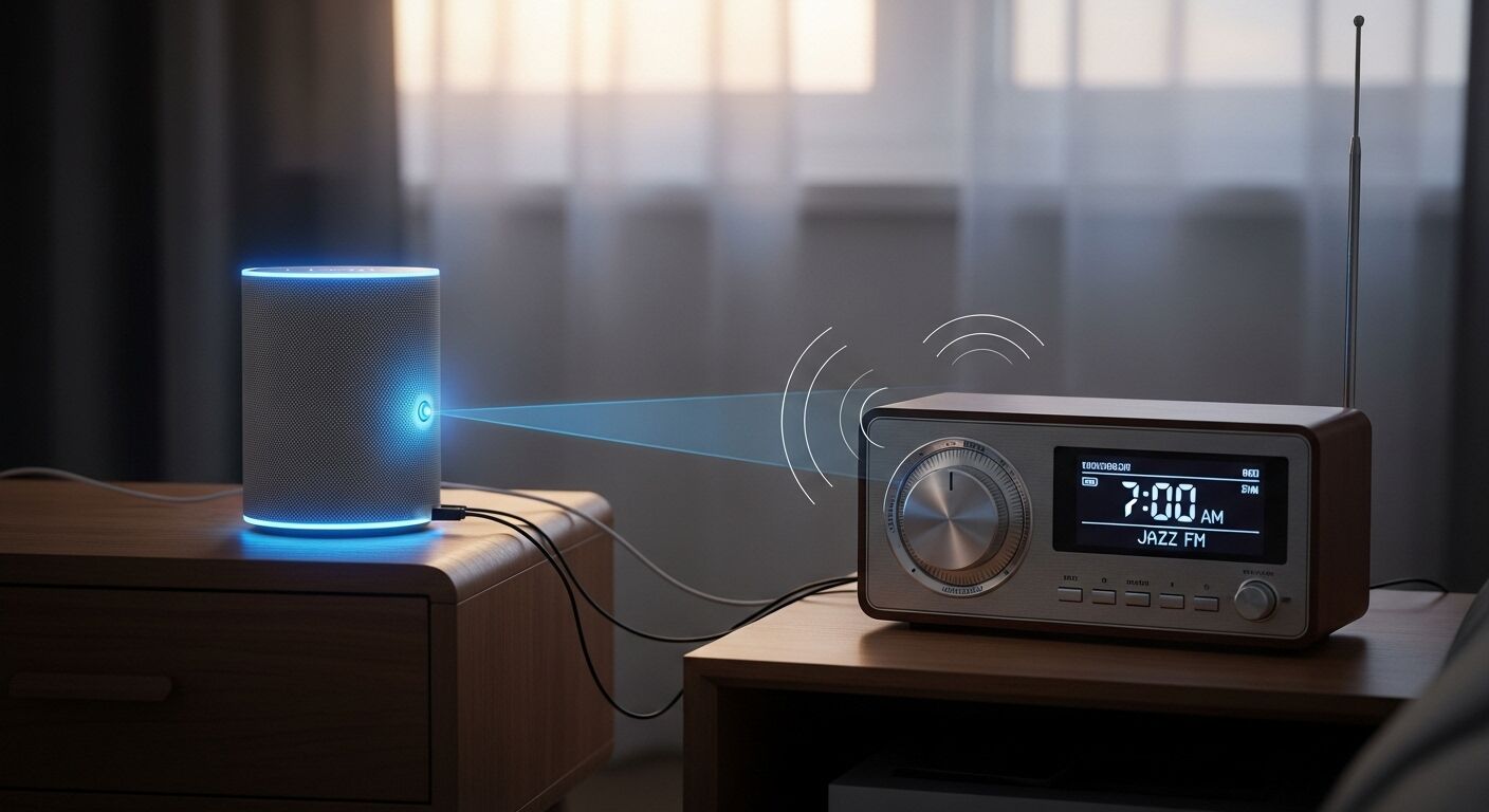 AI 스피커로 알람과 라디오를 제어하는 장면