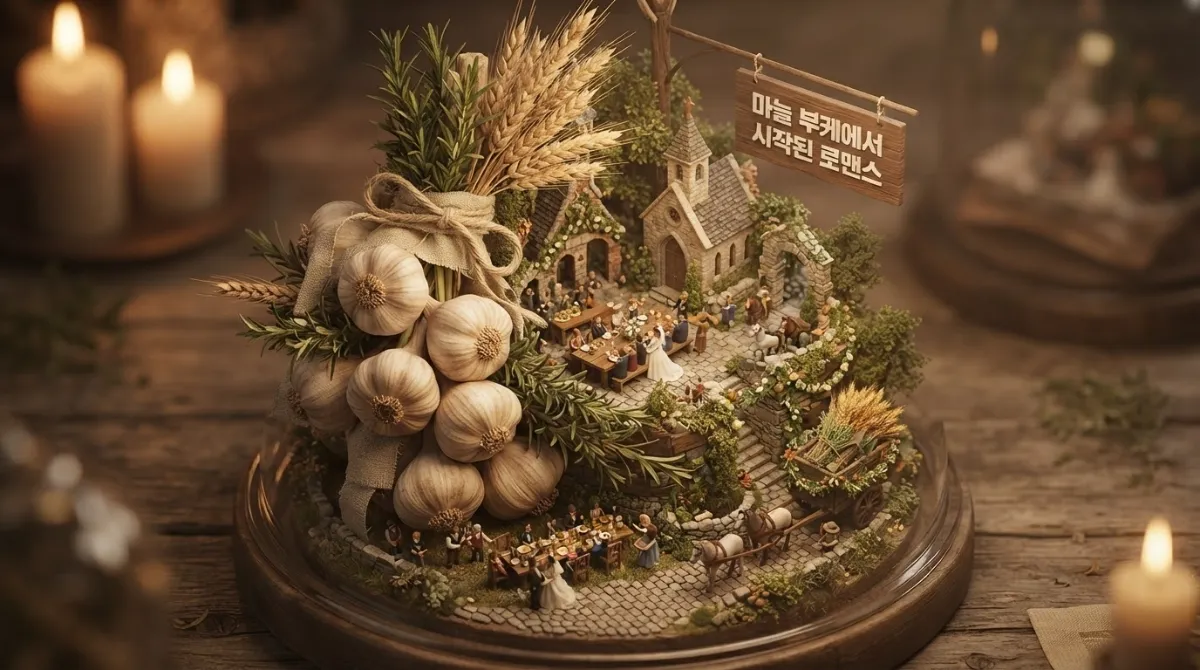 마늘&middot;로즈마리&middot;곡식 이삭으로 엮은 전통 허브 부케 위에 중세 유럽 결혼식 풍경을 표현한 미니어처 디오라마 이미지