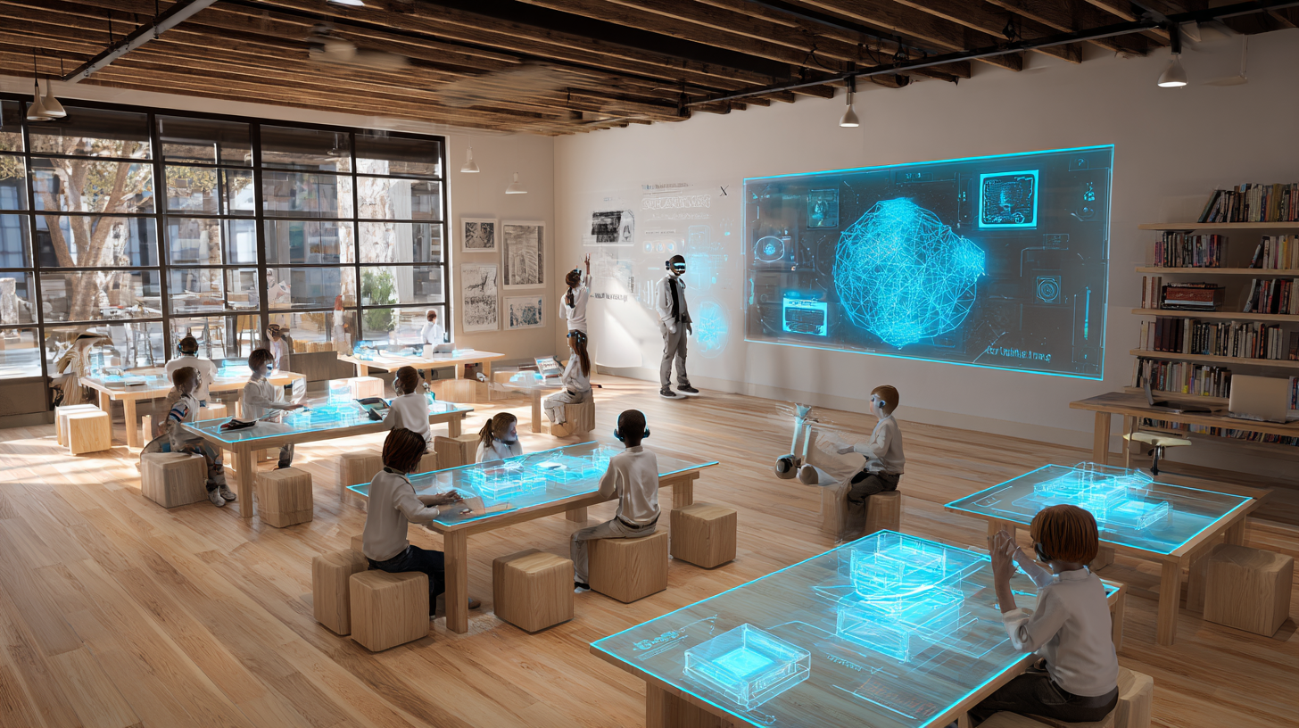 로봇 교사와 인간 멘토가 함께하는 교실 / Midjourney