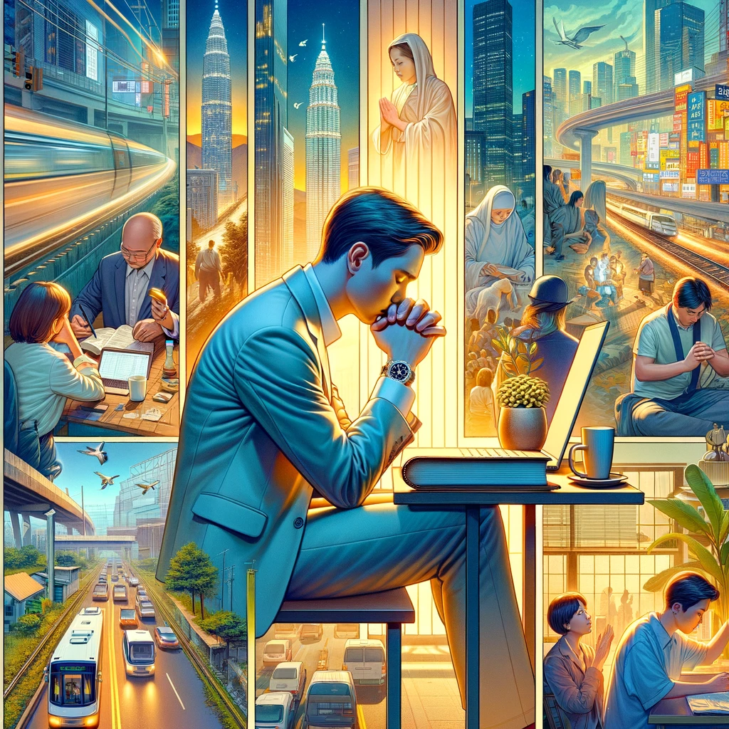 바쁜 한국에서 현대인이 성령님의 음성과 주님의 마음에 집중하여 그분의 뜻을 이해하고, 성령님의 인도하심을 따라 깊은 기도의 삶을 살아가는 모습을 담은 이미지가 있습니다. 다양한 환경 속에서 하루에 세 번 이상 기도하며 영적으로 성장하는 모습을 보여줍니다.. 이 이미지가 당신의 비전과 기도에 영감을 주기를 바랍니다.