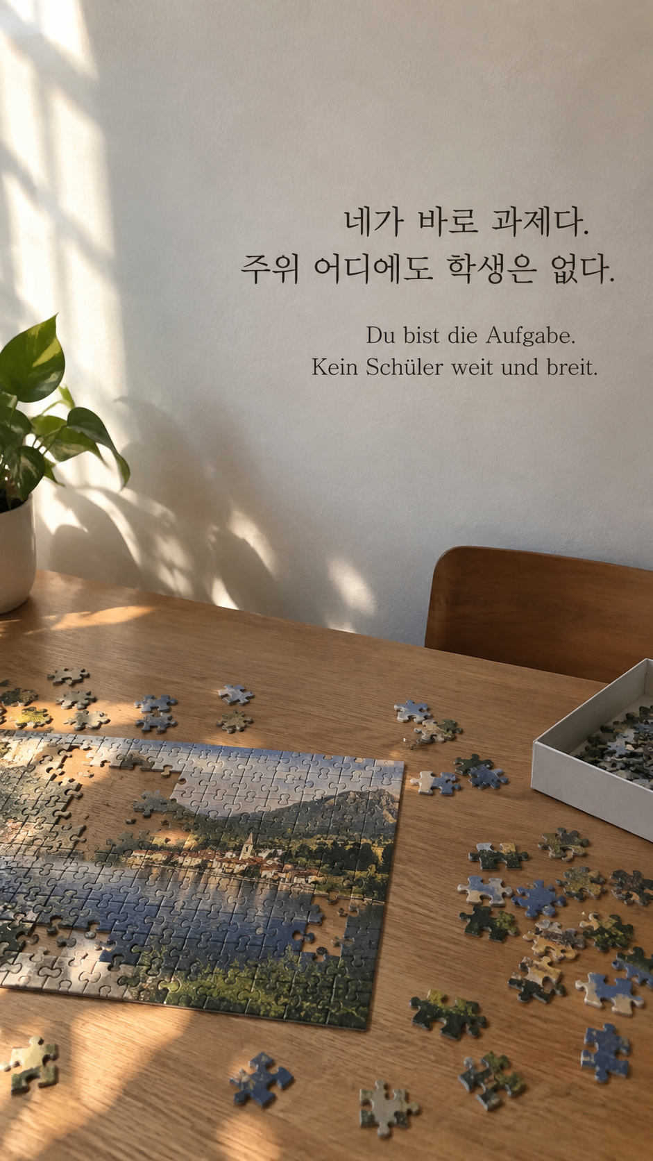 독일어 명언 24 프란츠 카프카 네가 바로 과제다. 주위 어디에도 학생은 없다. — 책상 위 미완성 직소 퍼즐