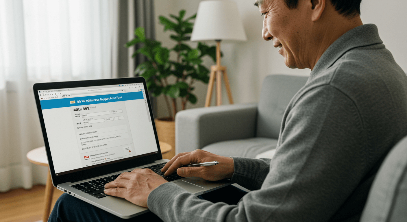 50대 후반의 남성이 pc로 생활지원금 신청 하는 모습 3