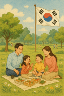 임시공휴일 가족들이 공원에서 즐기는 사진