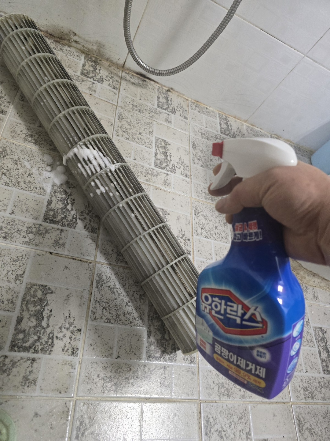 유한락스 곰팡이제거제 뿌리는 모습