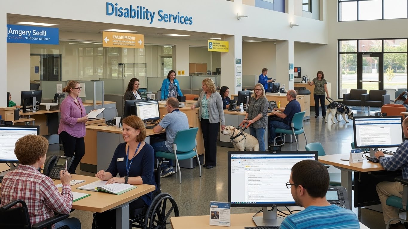 주민센터에서 장애인연금 및 장애수당 신청 상담을 받는 사람들