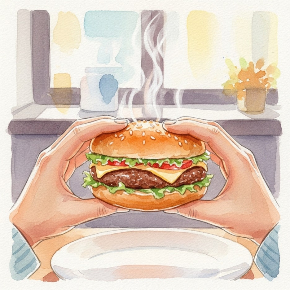 두 손으로 버거를 든 채 맛있게 즐기려는 순간