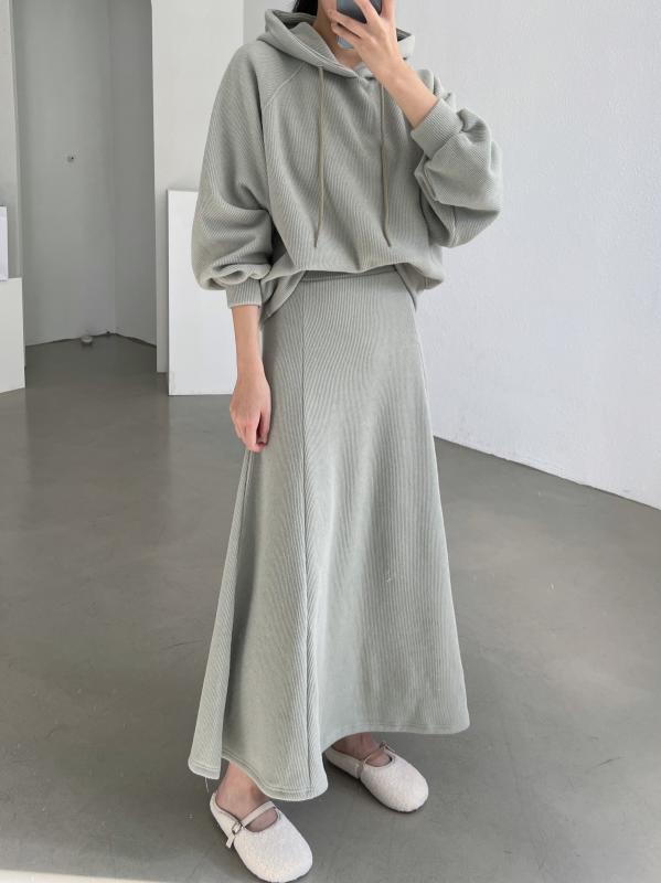 타이 골지 안감기모 투피스 세트 후드 롱스커트