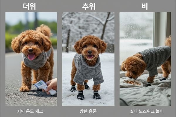 더운 날 아스팔트를 피하거나, 추운 날 옷을 입고 산책하는 모습, 또는 비 오는 날 실내에서 놀이하는 모습 등 날씨 변화에 따른 안전 수칙을 보여줍니다.