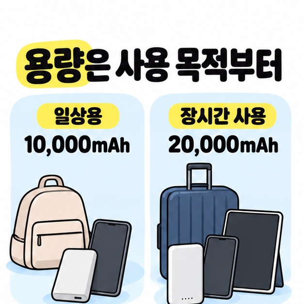 용량은 사용 목적부터 문구 아래 일상용 10,000mAh와 장시간 사용 20,000mAh를 가방과 충전 기기 그림으로 비교한 안내
