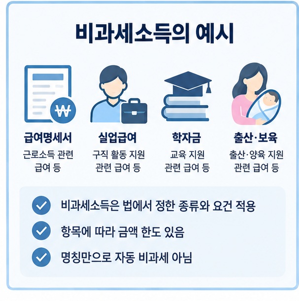 비과세소득이 법에서 정한 종류와 요건, 금액 한도에 따라 적용되는 모습을 보여주는 이미지