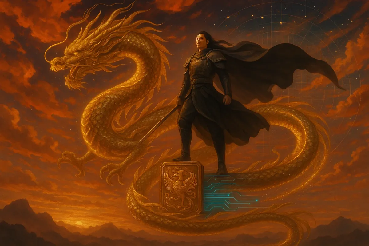 황금빛 용과 함께 하늘을 나는 황제 헌원의 웅장한 모습, 고대와 현대가 조화를 이루는 신비로운 분위기