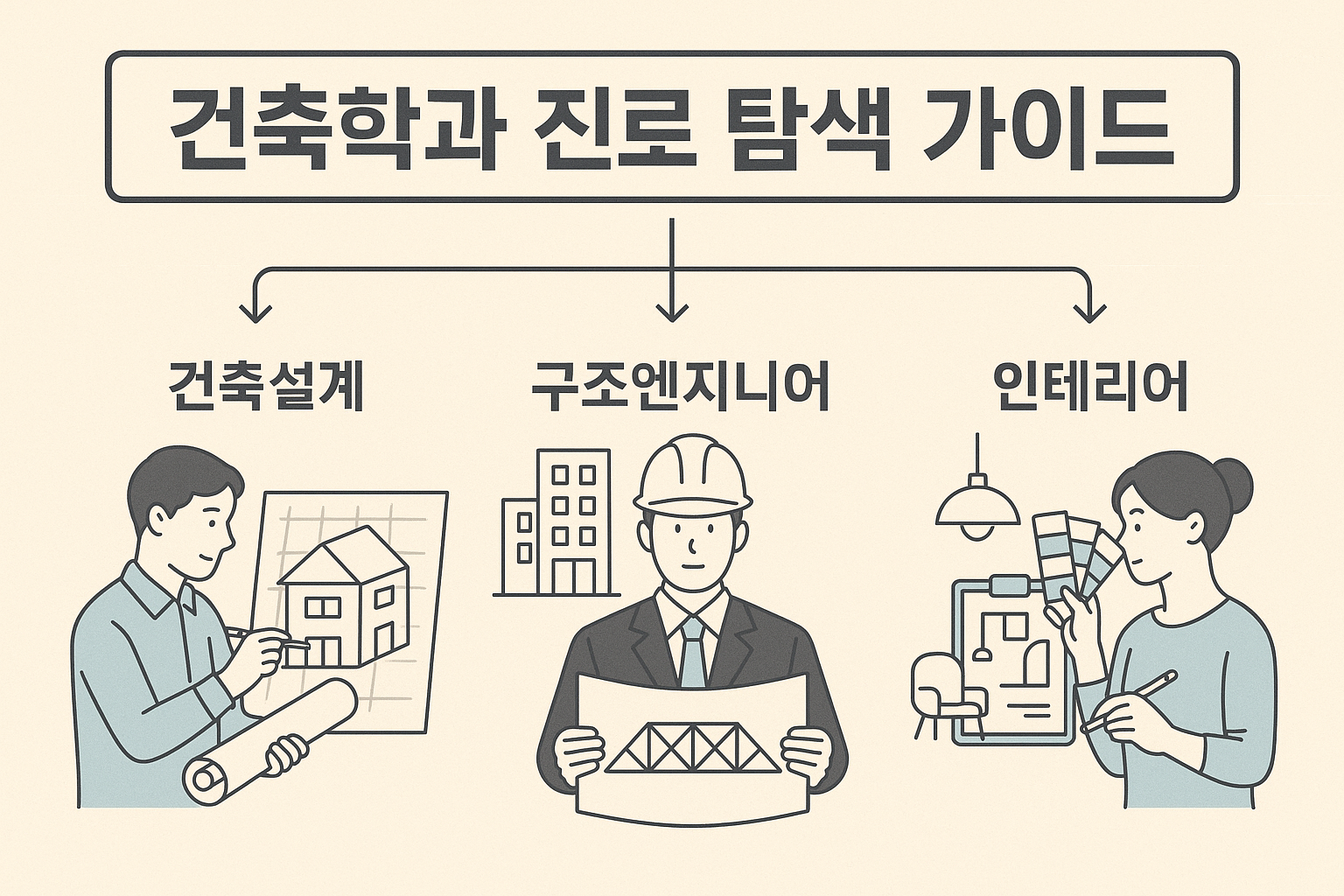 건축학과 진로 탐색 가이드를 설명하는 인포그래픽으로, 건축설계, 구조엔지니어, 인테리어 세 가지 직무를 그림과 함께 보여줍니다.