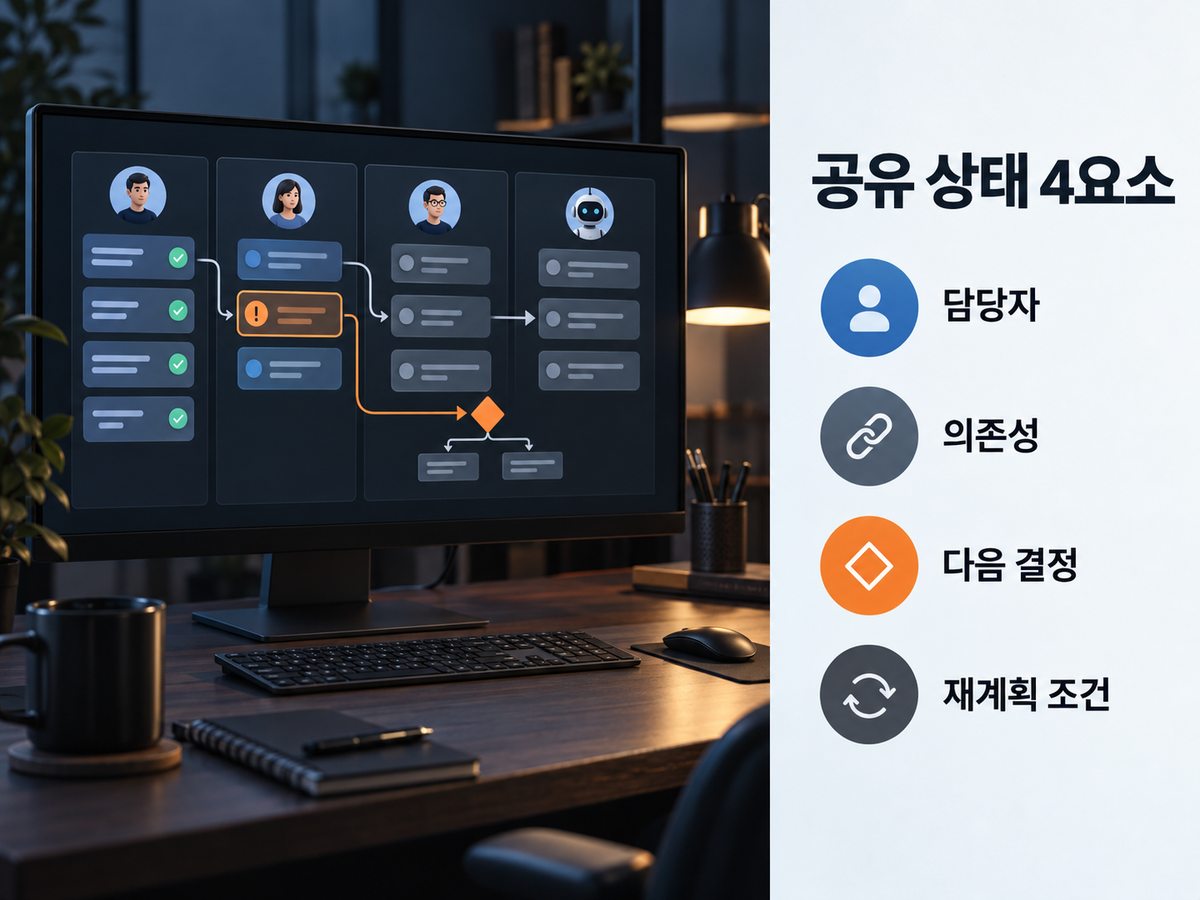 담당자·의존성·다음 결정·재계획 조건을 담은 장기 에이전트 협업 공유 상태 이미지