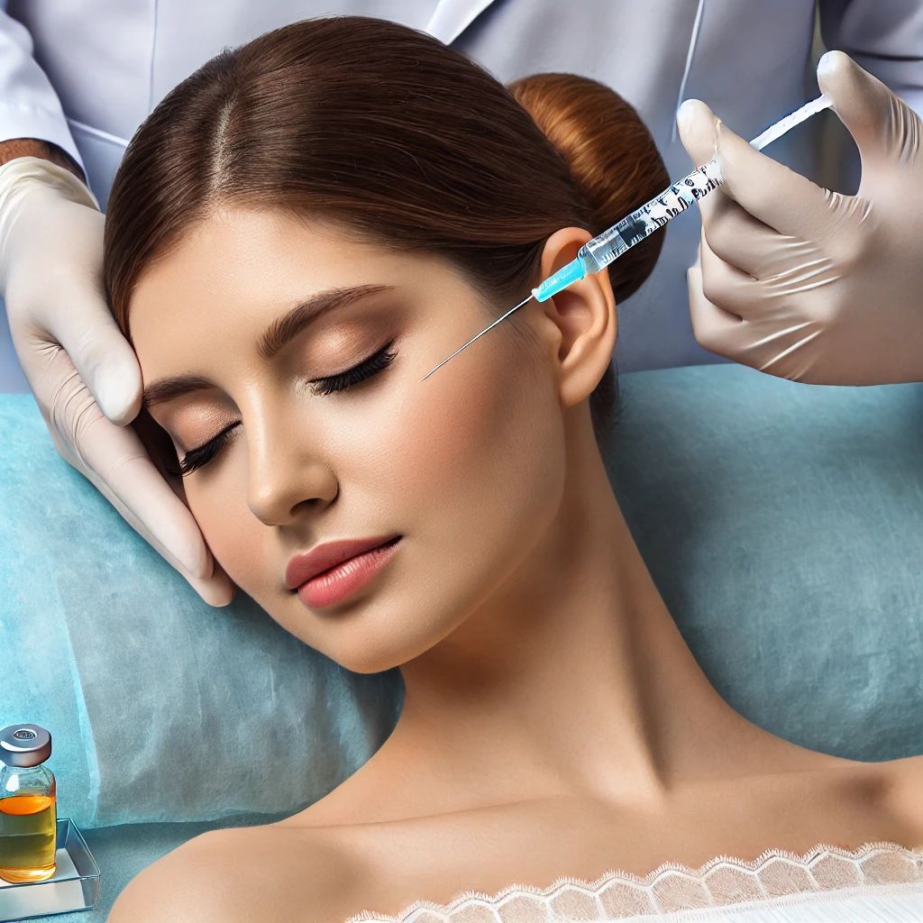 피부과에서 보톡스 주사를 통해 이마 주름을 완화하는 시술 장면