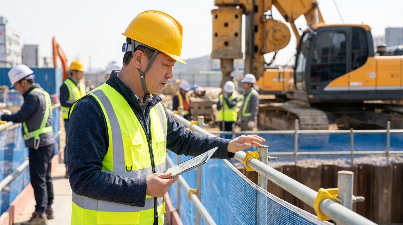 현장 안전시설물을 점검하며 안전보건관리비 집행을 관리하는 안전관리자의 모습