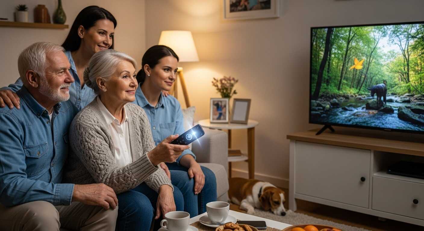 시니어가 가족들과 함께 리모턴으로 tv를 조정하는모습