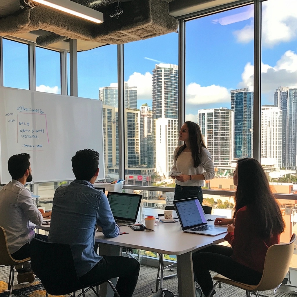 회의실에서 의견을 주고받는 청년들