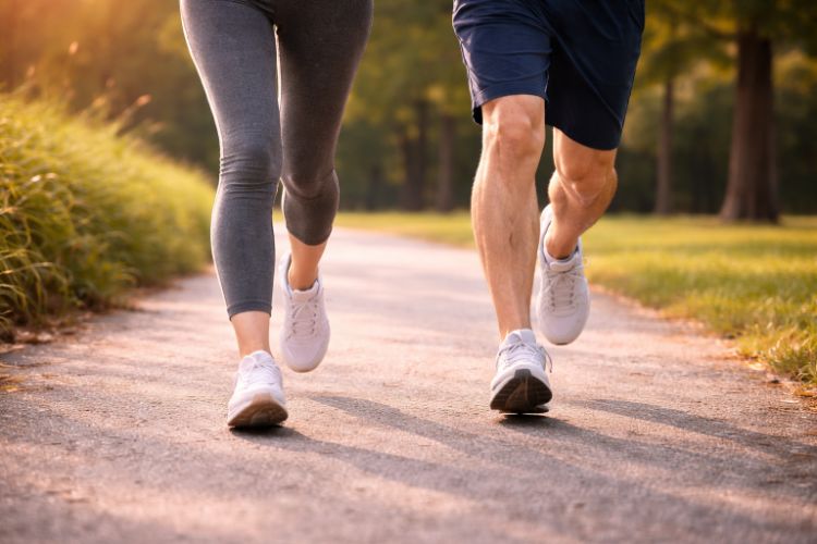 슬로우 조깅 시 작은 보폭으로 달리는 발 착지 장면