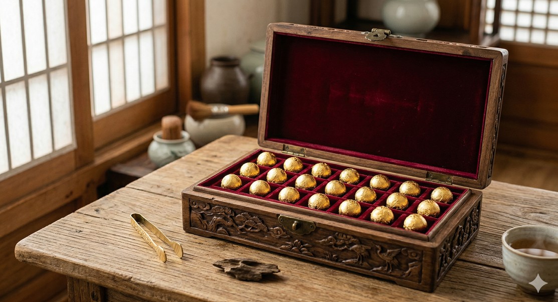 고풍스러운 나무 상자 안에 담긴 고급스러운 금박 침향환 이미지