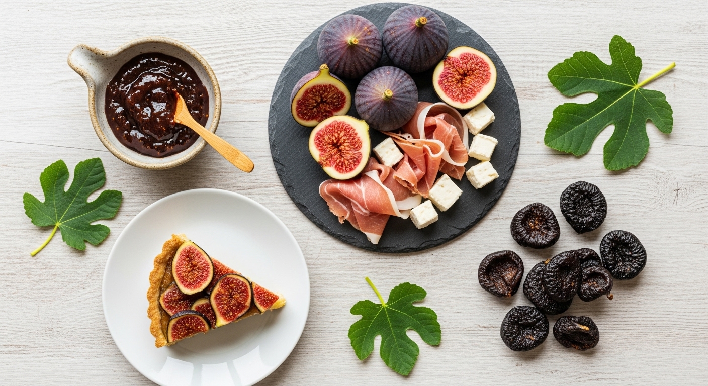 생무화과 샐러드, 무화과 잼, 무화과 타르트, 건무화과 등 무화과를 활용한 다양한 요리들이 아름답게 정돈된 상차림. 무화과의 다채로운 활용도를 보여줍니다.