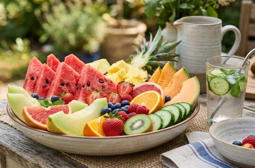 수분 보충에 좋은 과일 식단을 표현한 이미지