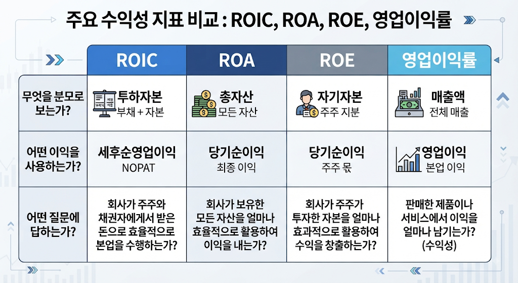 ROIC ROA ROE 영업이익률 차이 비교표