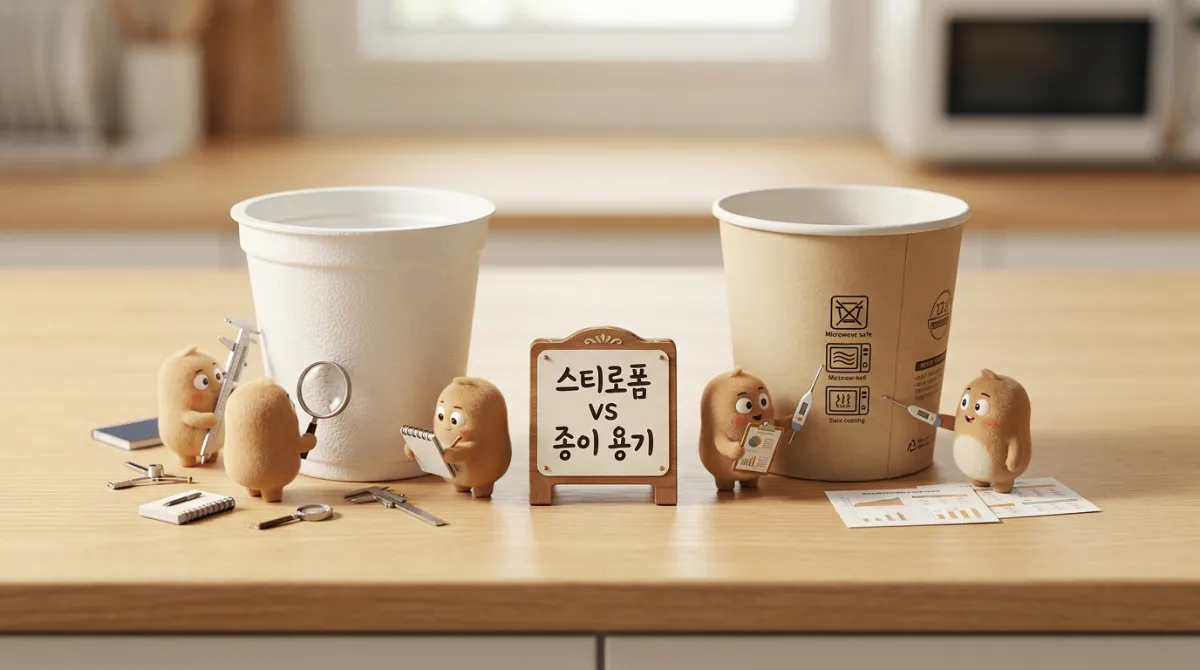 스티로폼 용기와 종이 용기 컵라면을 미니미 캐릭터들이 비교 분석하는 미니어처 디오라마 비교 장면