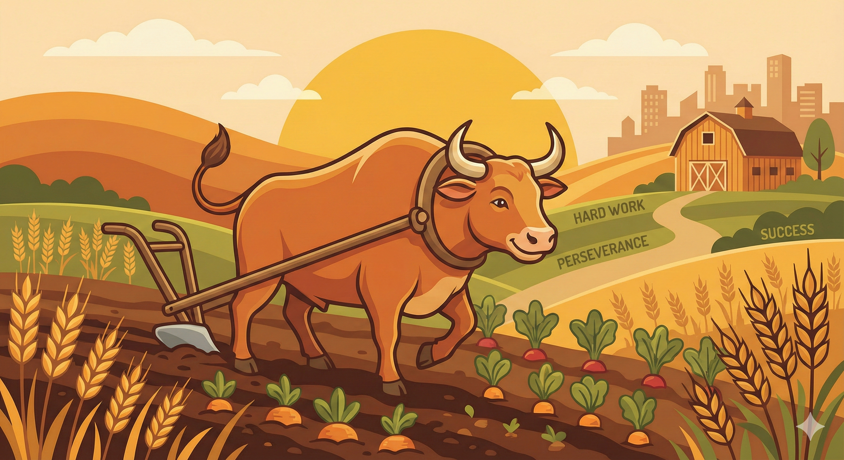 농장에서 성실하게 일하며 풍요로운 수확을 기대하는 황소, 직업적 성공과 성장을 의미합니다.