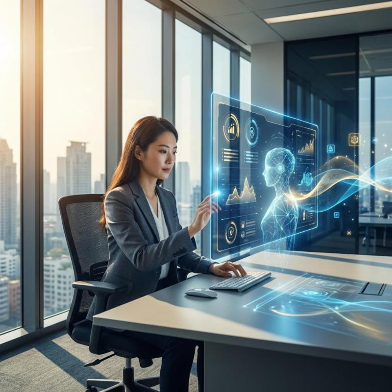 AI 비서 뤼튼 GPT를 활용하여 업무 시간을 단축하는 전문적인 오피스 환경 이미지