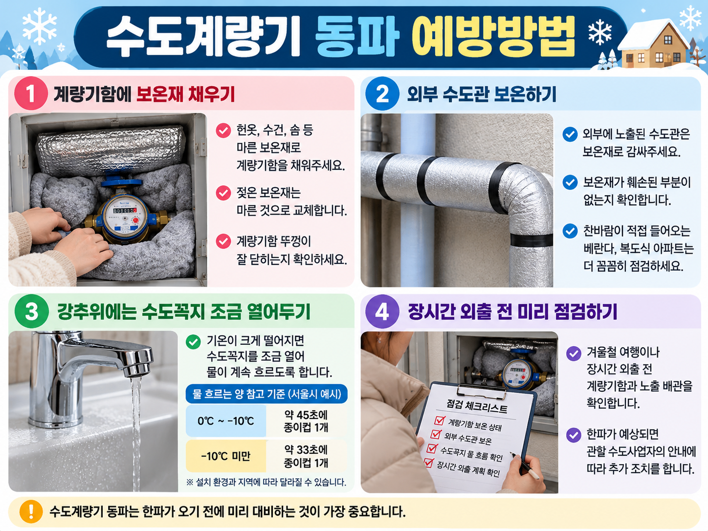 수도계량기 동파 예방을 위한 보온재 채우기·수도꼭지 틀기 안내 이미지