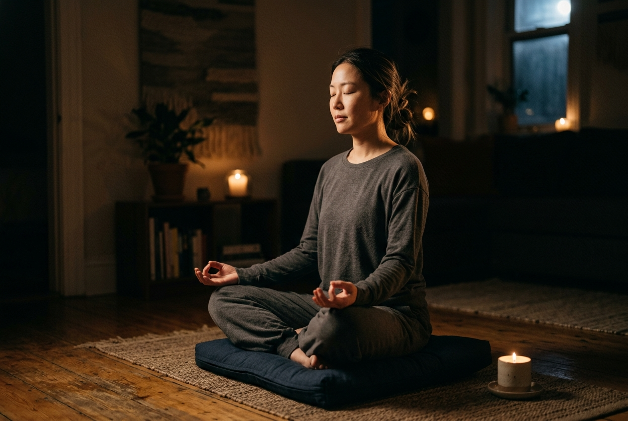 어두운 조명 아래서 편안한 자세로 눈을 감고 심호흡(명상)을 하고 있는 사람의 모습