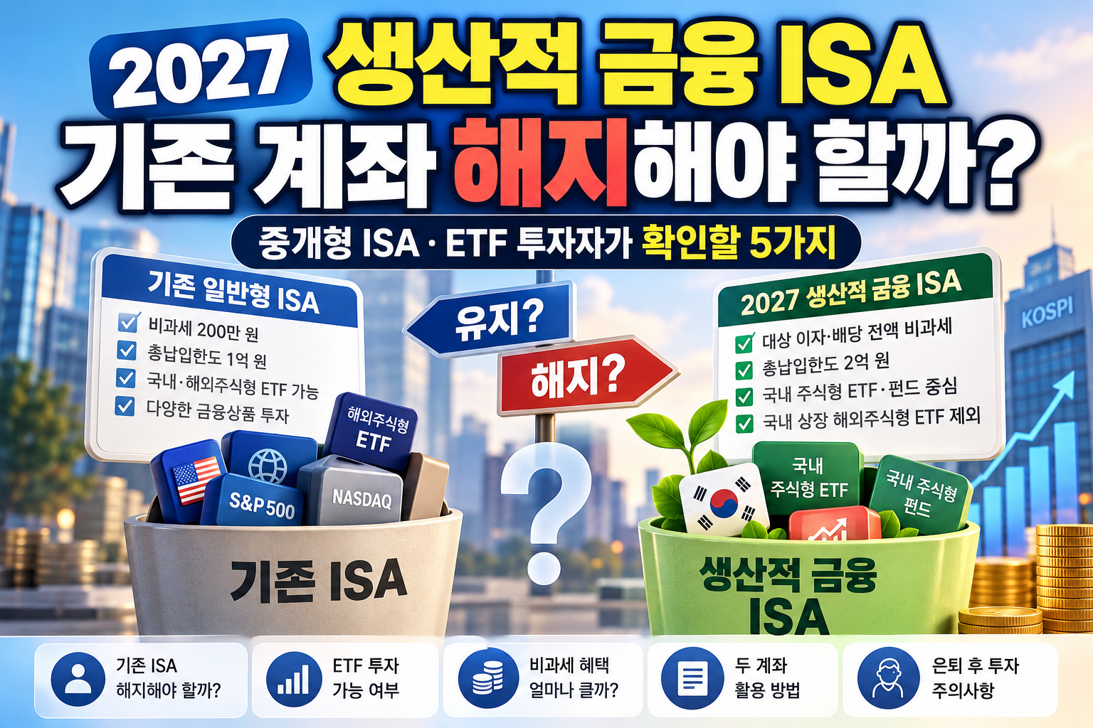 2027 생산적 금융 ISA 도입에 따른 기존 중개형 ISA 계좌 해지 여부와 비과세 혜택, 국내외 ETF 투자 차이 및 기존 계좌 유지 방법을 비교한 이미지