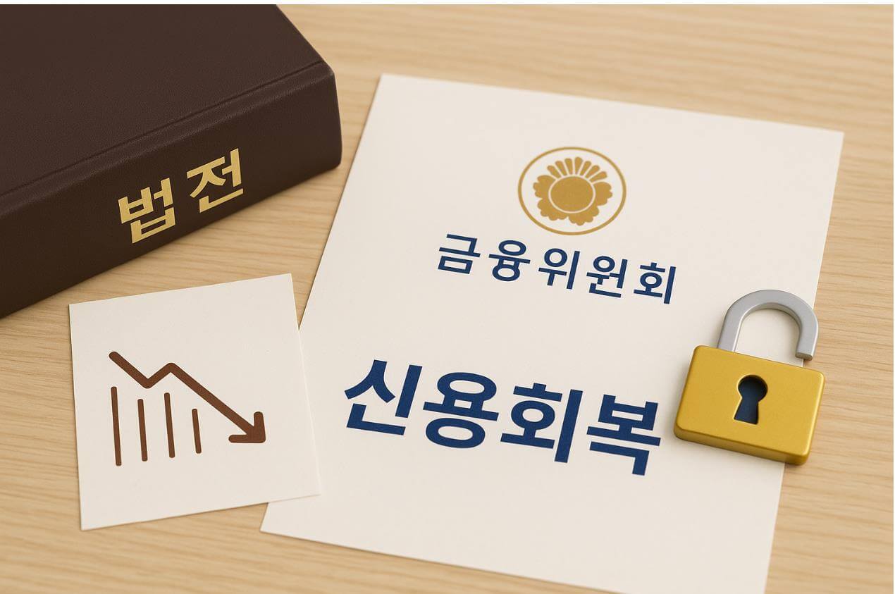 법전과 금융위 서류 옆 열린 자물쇠와 신용회복 아이콘