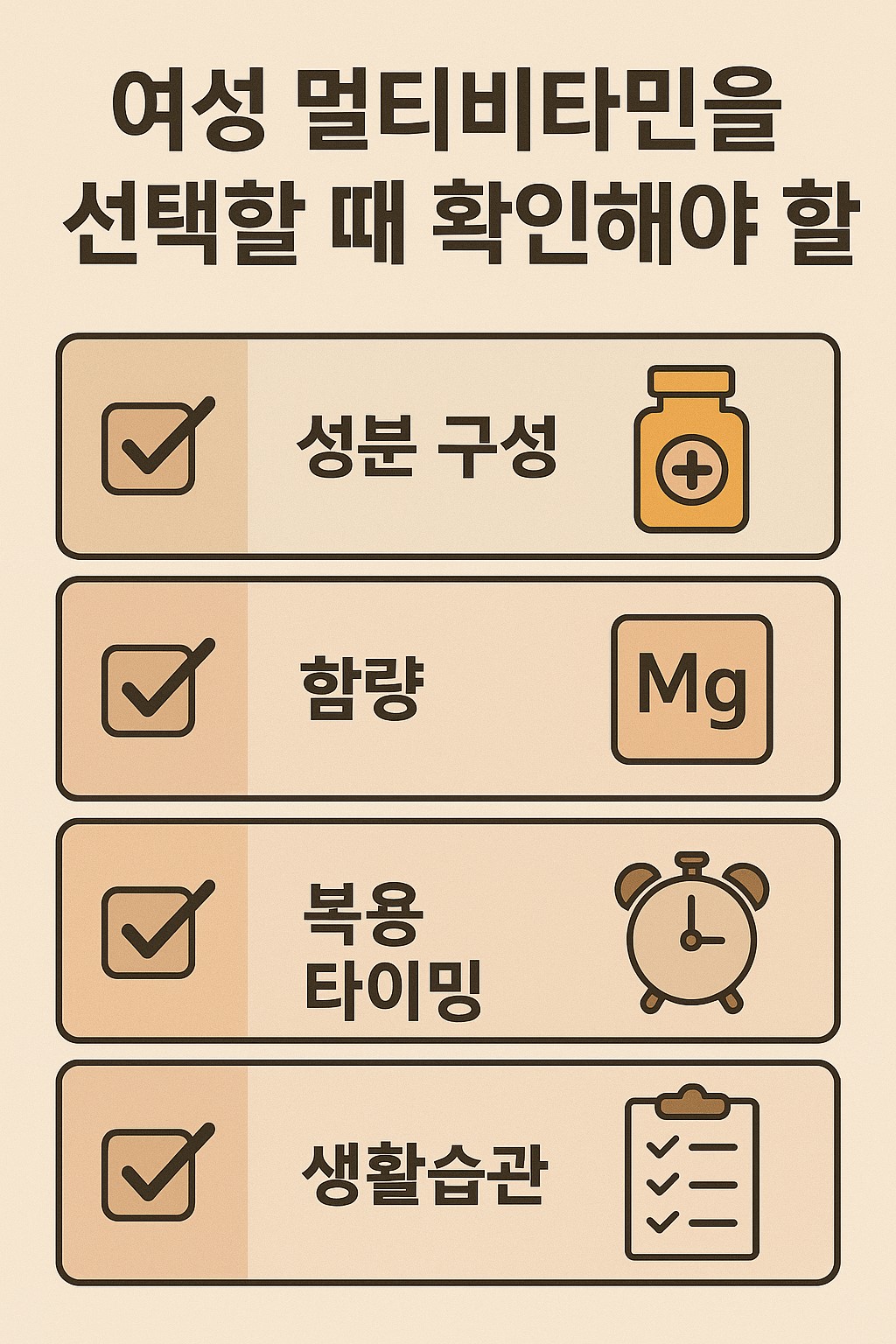 여성 멀티비타민을 선택할 때 확인해야 할 성분 구성, 함량, 복용 타이밍, 생활습관 체크리스트를 항목별로 정리한 인포그래픽