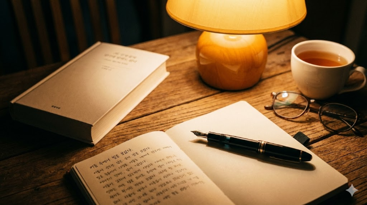책을 다 읽고 덮어둔 원목 테이블 위에 몽블랑 만년필과 펼쳐진 필사 노트가 놓여 있는 모습. 노트에는 책 속의 핵심 문장이 정갈한 손글씨로 적혀 있고, 따뜻한 앰버 색 조명이 이를 비추는 감성적인 컷