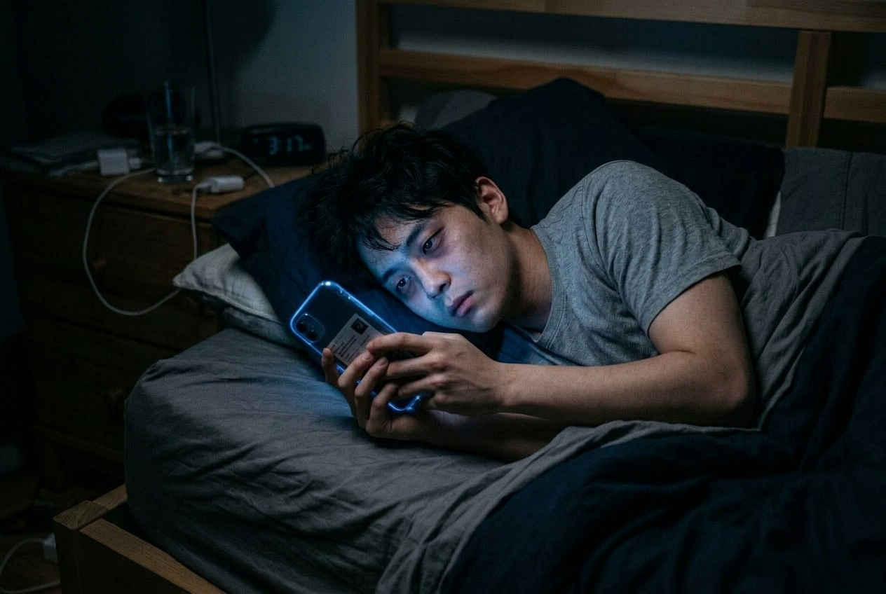 어두운 침대 위에서 파란 불빛의 스마트폰 화면을 뚫어지게 쳐다보고 있는 불면증 환자의 모습