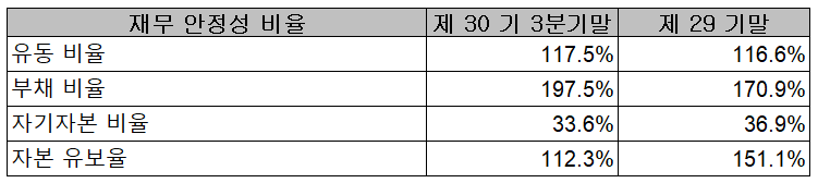 (주)캠시스 재무 안정성 비율