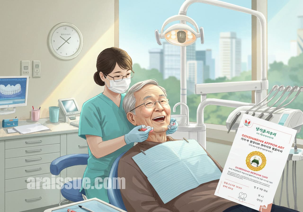 정부 지원을 받은 틀니와 임플란트 치료를 받는 한국인 어르신.