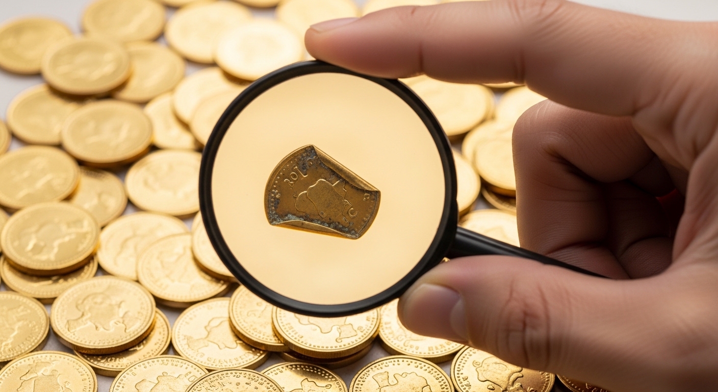 Close-up of a hand with a magnifying glass picking out a faded 'fake token' from among many golden tokens.